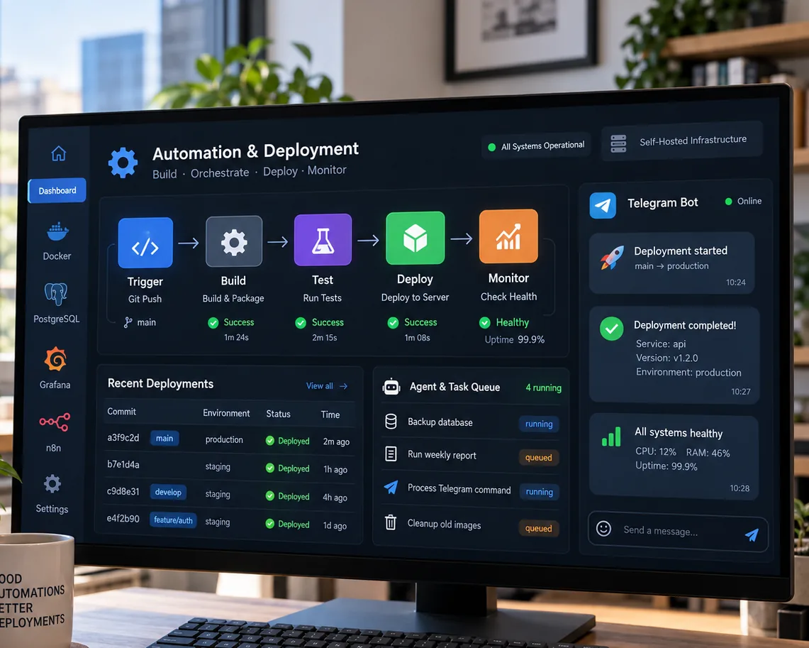 Conceptual automation dashboard with a pipeline, agents, and a Telegram bot