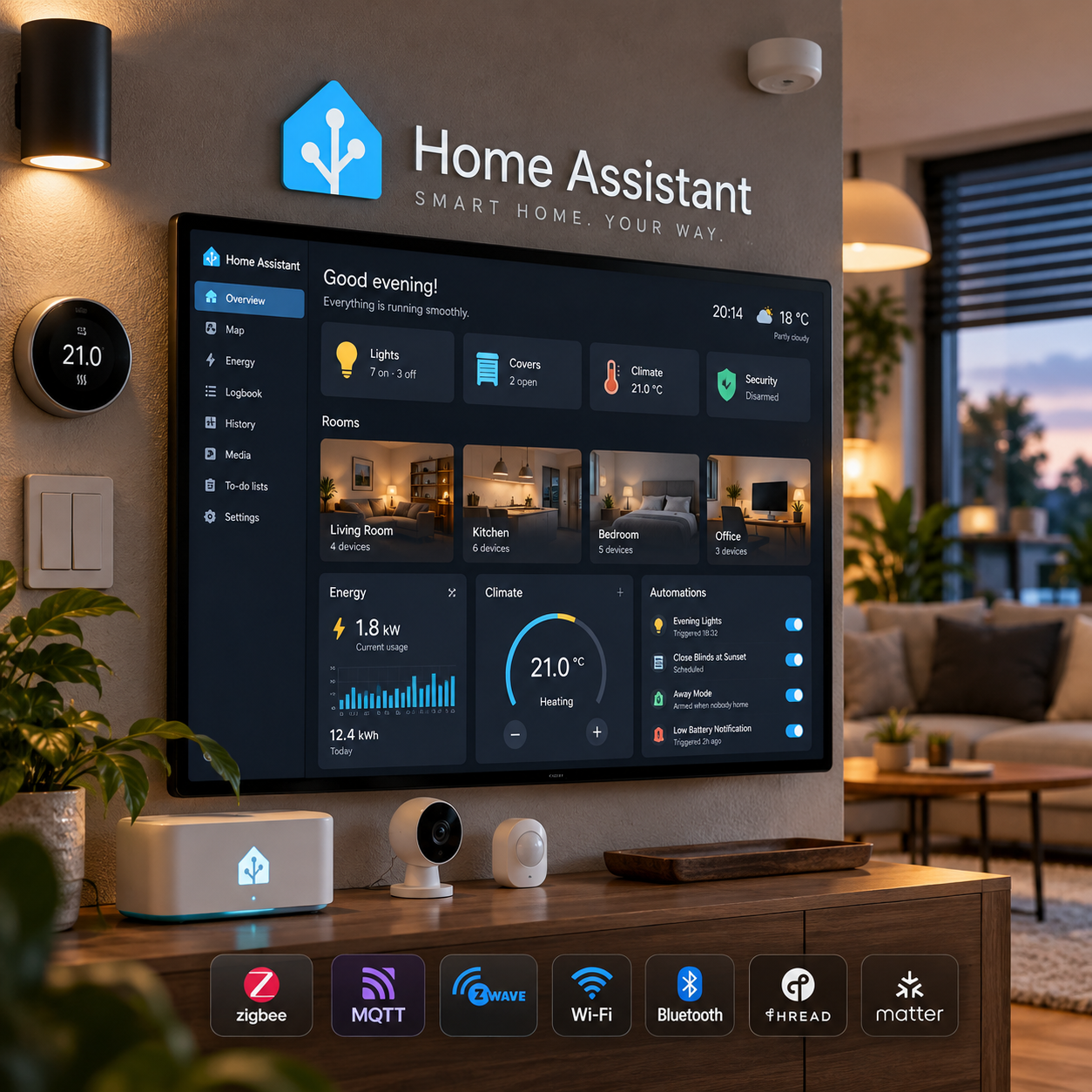 Home Assistant dashboard with devices, lights, and home states