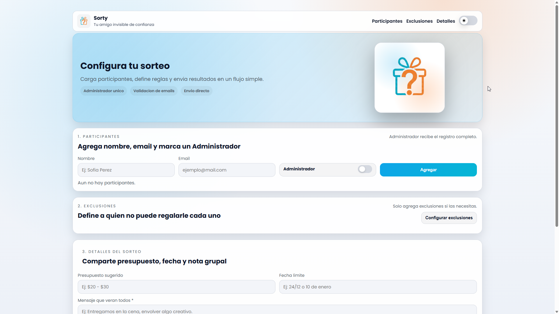 Sorty interface for configuring participants and exclusions